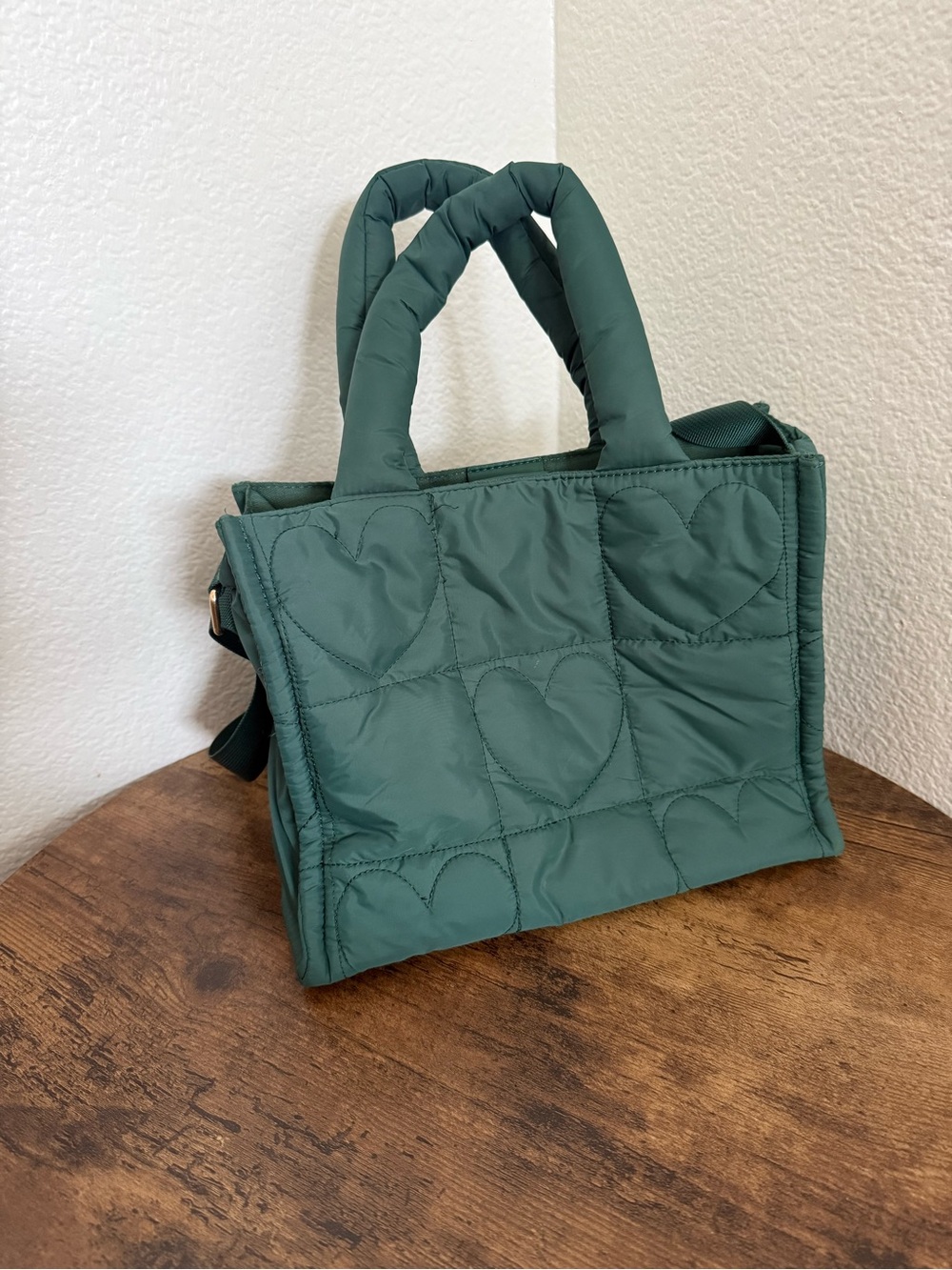 Like Dreams Quilted Puffer Heart Embossed Tote Shoulder Bag Deep Forest Green